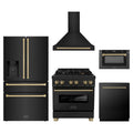 ZLINE 5-Piece Appliance Package - 30-Inch Legacy Dual Fuel Range, Wall Mount Range Hood, 36-Inch French Door Refrigerator with Water Dispenser, Dishwasher, and 24-Inch Microwave Drawer in Black Stainless Steel with Champagne Bronze Accents