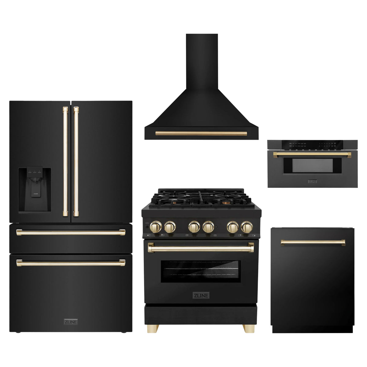 ZLINE 5-Piece Appliance Package - 30-Inch Legacy Dual Fuel Range, Wall Mount Range Hood, 36-Inch French Door Refrigerator with Water Dispenser, Dishwasher, and 30-Inch Microwave Drawer in Black Stainless Steel with Gold Accents
