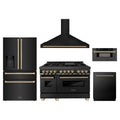 ZLINE 5-Piece Appliance Package - 48-Inch Legacy Dual Fuel Range, Wall Mount Range Hood, 36-Inch French Door Refrigerator with Water Dispenser, Dishwasher, and 30-Inch Microwave Drawer in Black Stainless Steel with Champagne Bronze Accents