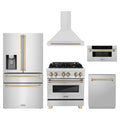 ZLINE 5-Piece Appliance Package - 30-Inch Legacy Autograph Dual Fuel Range, Wall Mount Range Hood, 36-Inch French Door Refrigerator with Water Dispenser, Dishwasher, and 30-Inch Microwave Drawer in Stainless Steel with Champagne Bronze Accents