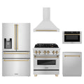 ZLINE 5-Piece Appliance Package - 30-Inch Legacy Autograph Dual Fuel Range, Wall Mount Range Hood, 36-Inch French Door Refrigerator with Water Dispenser, Dishwasher, and 24-Inch Microwave Drawer in Stainless Steel with Champagne Bronze Accents
