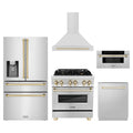 ZLINE 5-Piece Appliance Package - 30-Inch Legacy Autograph Dual Fuel Range, Wall Mount Range Hood, 36-Inch French Door Refrigerator with Water Dispenser, Dishwasher, and 30-Inch Microwave Drawer in Stainless Steel with Gold Accents