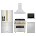ZLINE 5-Piece Appliance Package - 30-Inch Legacy Autograph Dual Fuel Range, Wall Mount Range Hood, 36-Inch French Door Refrigerator with Water Dispenser, Dishwasher, and 24-Inch Microwave Drawer in Stainless Steel with Gold Accents