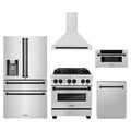 ZLINE 5-Piece Appliance Package - 30-Inch Legacy Autograph Dual Fuel Range, Wall Mount Range Hood, 36-Inch French Door Refrigerator with Water Dispenser, Dishwasher, and 30-Inch Microwave Drawer in Stainless Steel with Matte Black Accents