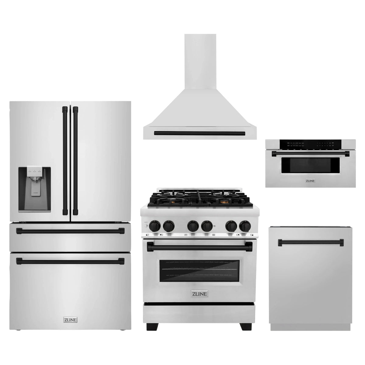 ZLINE 5-Piece Appliance Package - 30-Inch Legacy Autograph Dual Fuel Range, Wall Mount Range Hood, 36-Inch French Door Refrigerator with Water Dispenser, Dishwasher, and 30-Inch Microwave Drawer in Stainless Steel with Matte Black Accents