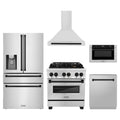 ZLINE 5-Piece Appliance Package - 30-Inch Legacy Autograph Dual Fuel Range, Wall Mount Range Hood, 36-Inch French Door Refrigerator with Water Dispenser, Dishwasher, and 24-Inch Microwave Drawer in Stainless Steel with Matte Black Accents