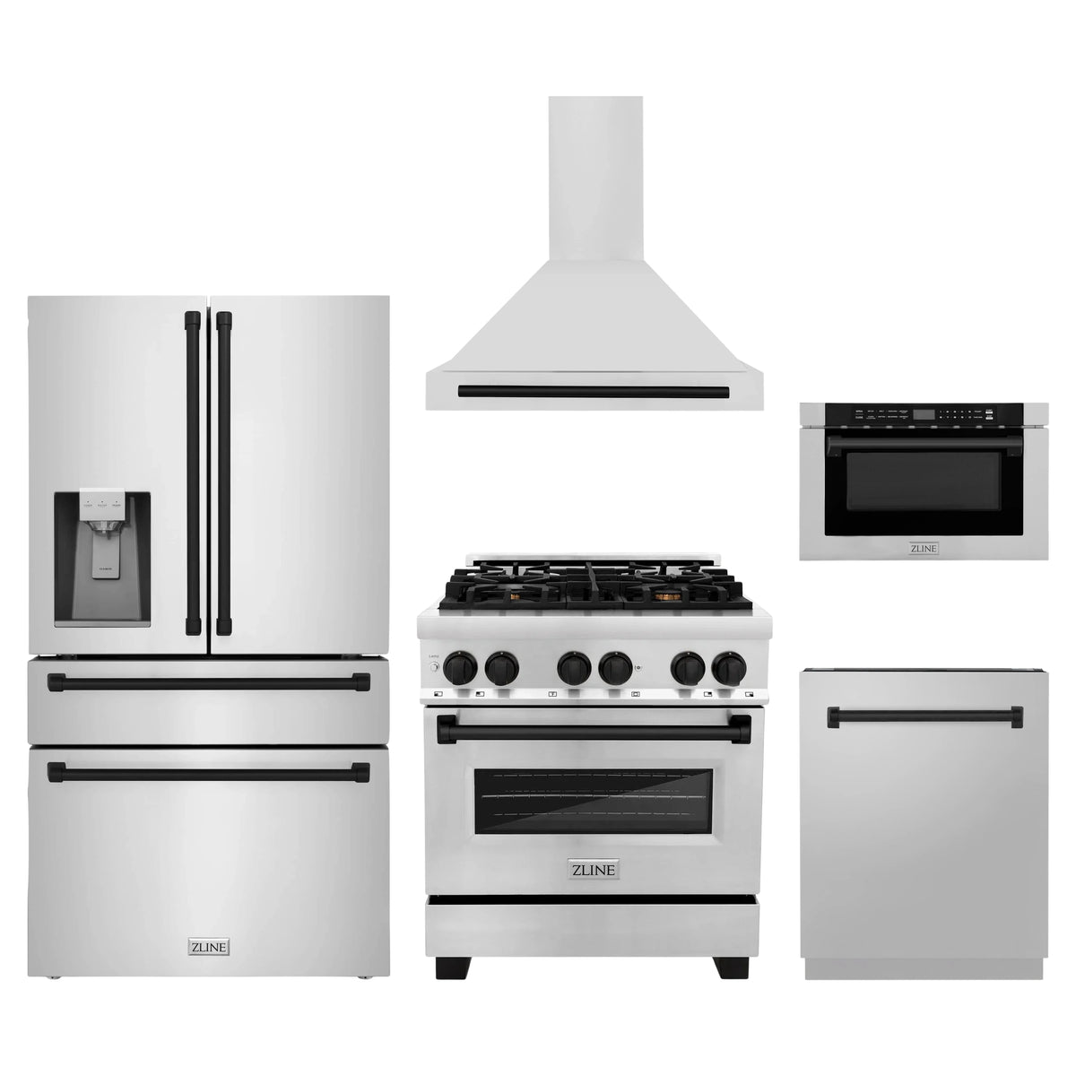 ZLINE 5-Piece Appliance Package - 30-Inch Legacy Autograph Dual Fuel Range, Wall Mount Range Hood, 36-Inch French Door Refrigerator with Water Dispenser, Dishwasher, and 24-Inch Microwave Drawer in Stainless Steel with Matte Black Accents