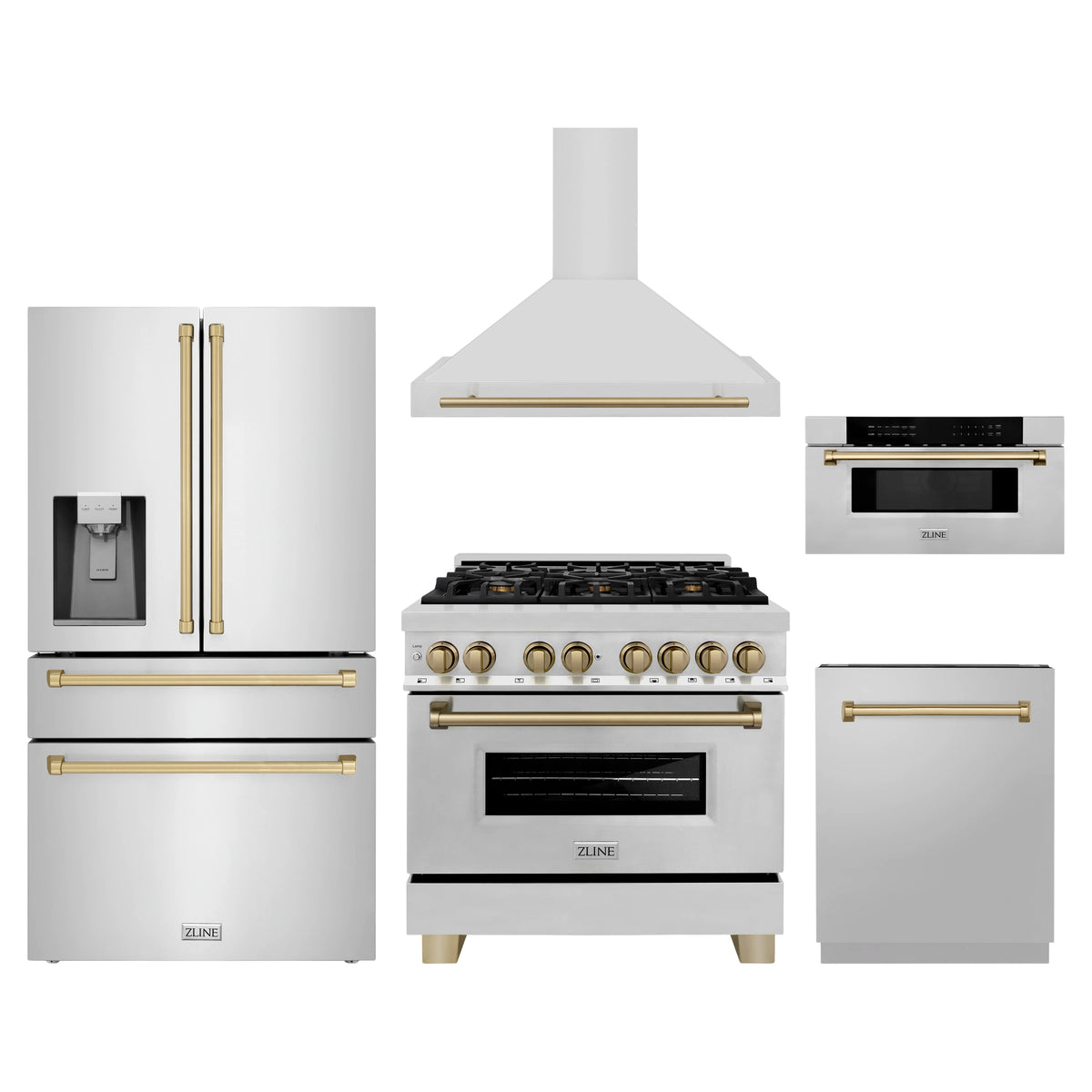 ZLINE 5-Piece Appliance Package - 36-Inch Legacy Autograph Dual Fuel Range, Wall Mount Range Hood, 36-Inch French Door Refrigerator with Water Dispenser, Dishwasher, and 30-Inch Microwave Drawer in Stainless Steel with Champagne Bronze Accents