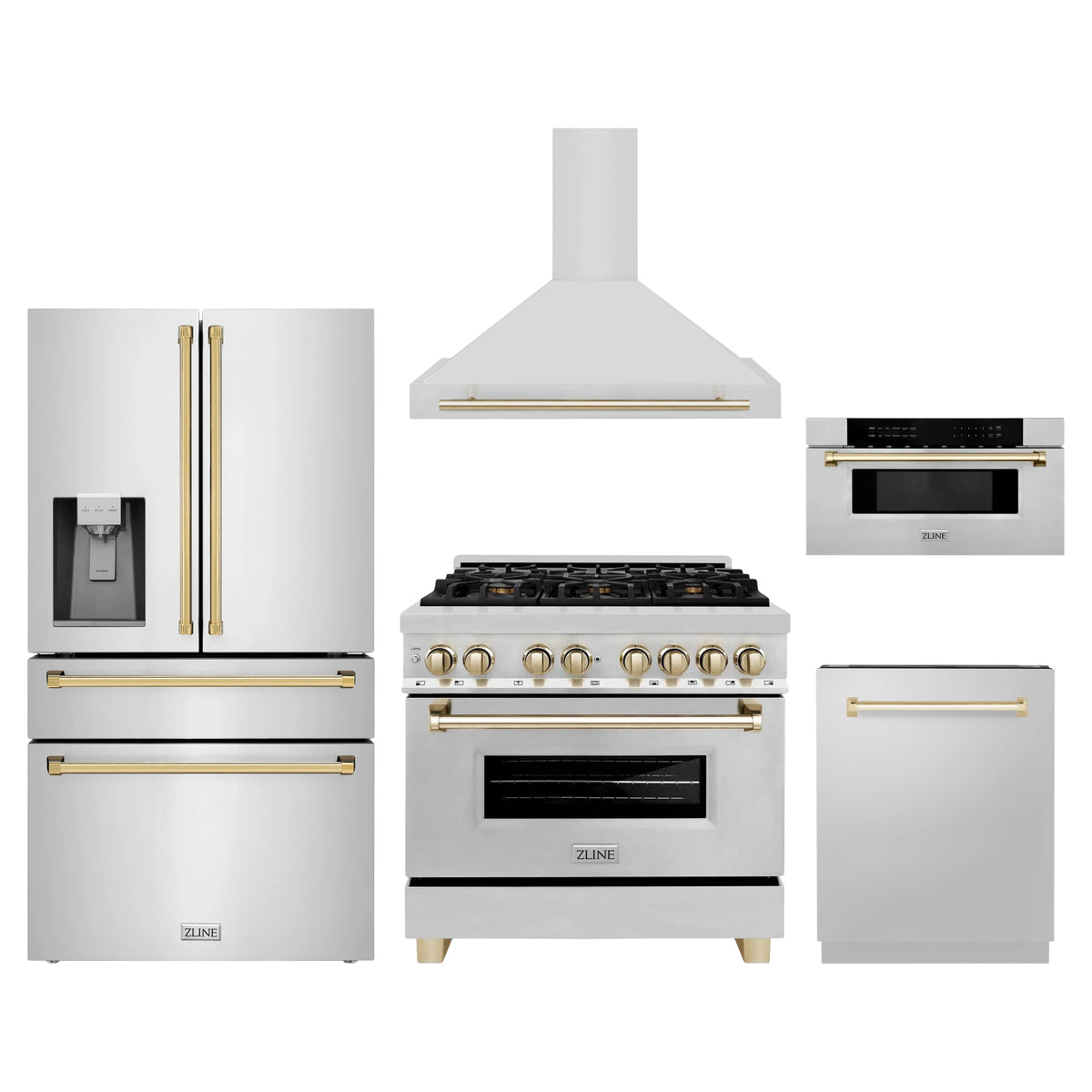 ZLINE 5-Piece Appliance Package - 36-Inch Legacy Autograph Dual Fuel Range, Wall Mount Range Hood, 36-Inch French Door Refrigerator with Water Dispenser, Dishwasher, and 30-Inch Microwave Drawer in Stainless Steel with Gold Accents