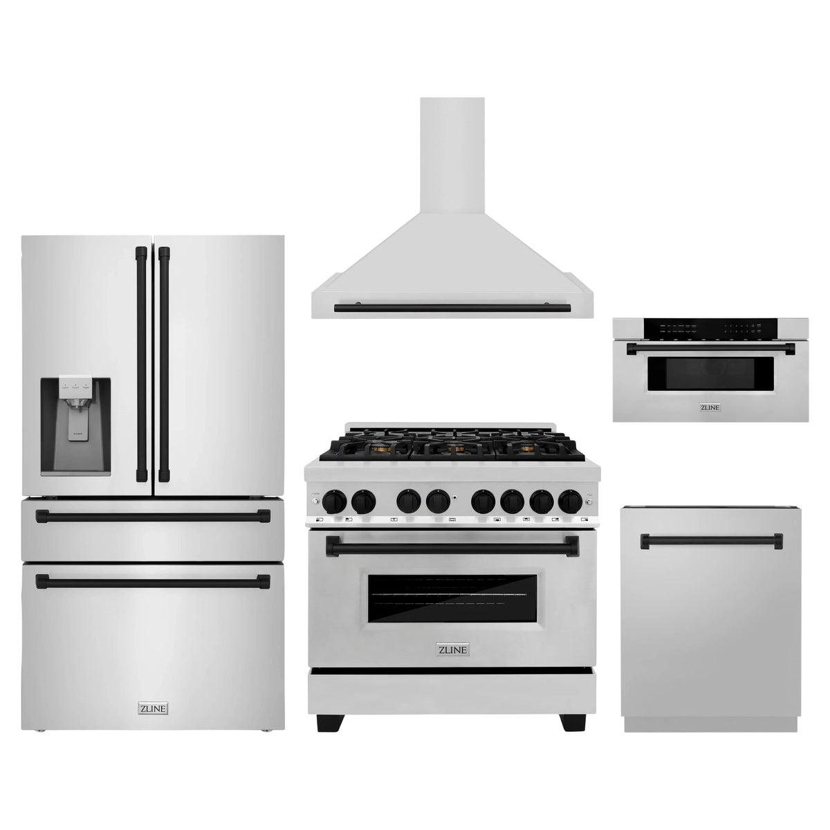 ZLINE 5-Piece Appliance Package - 36-Inch Legacy Autograph Dual Fuel Range, Wall Mount Range Hood, 36-Inch French Door Refrigerator with Water Dispenser, Dishwasher, and 30-Inch Microwave Drawer in Stainless Steel with Matte Black Accents