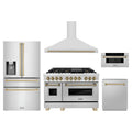 ZLINE 5-Piece Appliance Package - 48-Inch Legacy Autograph Dual Fuel Range, Wall Mount Range Hood, 36-Inch French Door Refrigerator with Water Dispenser, Dishwasher, and 30-Inch Microwave Drawer in Stainless Steel with Champagne Bronze Accents