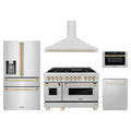 ZLINE 5-Piece Appliance Package - 48-Inch Legacy Autograph Dual Fuel Range, Wall Mount Range Hood, 36-Inch French Door Refrigerator with Water Dispenser, Dishwasher, and 24-Inch Microwave Drawer in Stainless Steel with Gold Accents
