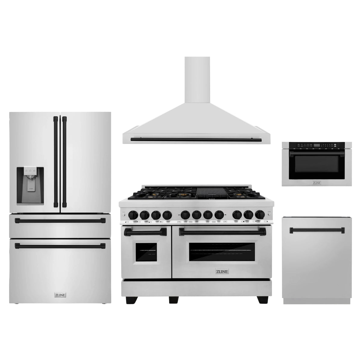 ZLINE 5-Piece Appliance Package - 48-Inch Legacy Autograph Dual Fuel Range, Wall Mount Range Hood, 36-Inch French Door Refrigerator with Water Dispenser, Dishwasher, and 24-Inch Microwave Drawer in Stainless Steel with Matte Black Accents