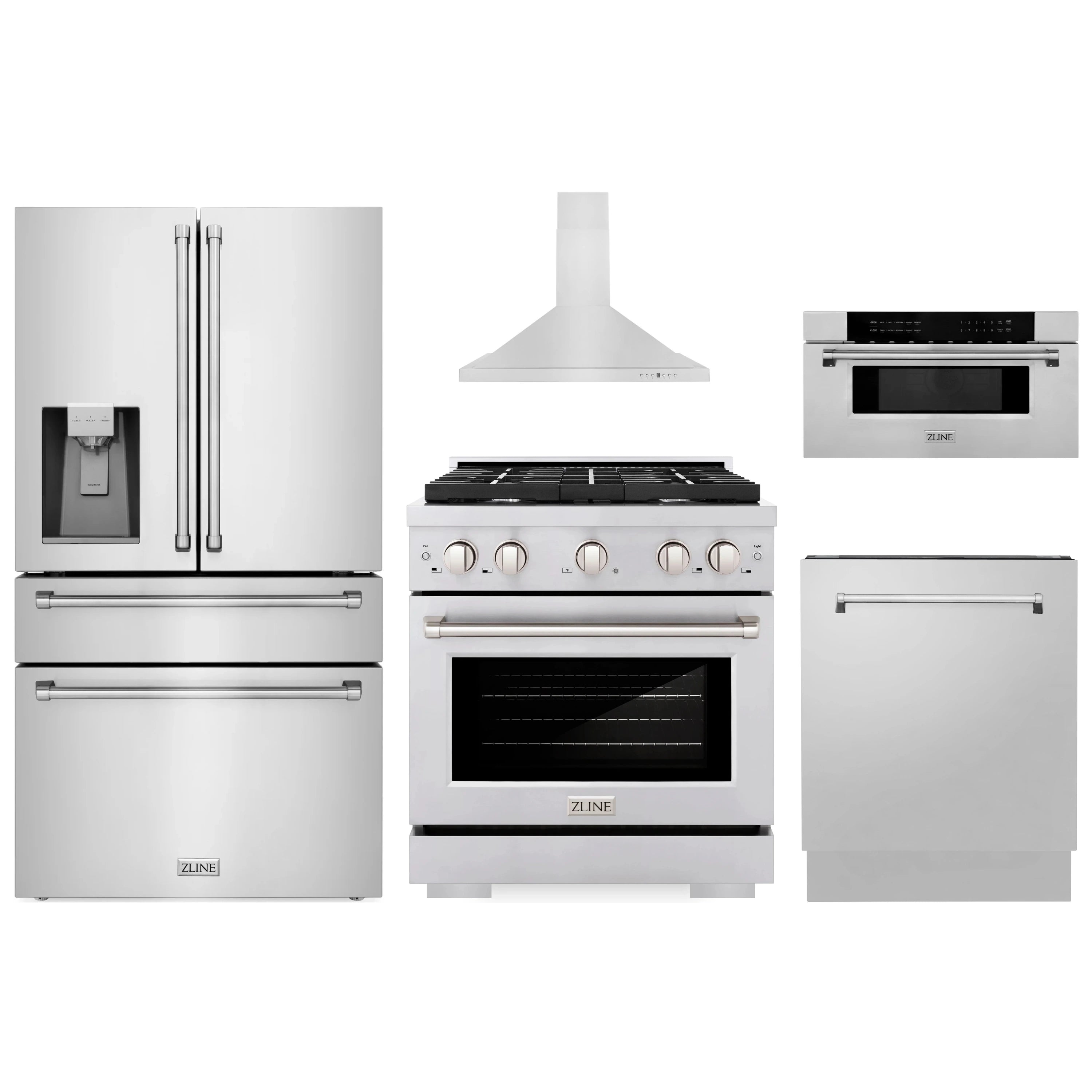 Stainless steel refrigerator, dual fuel range, and dishwasher set