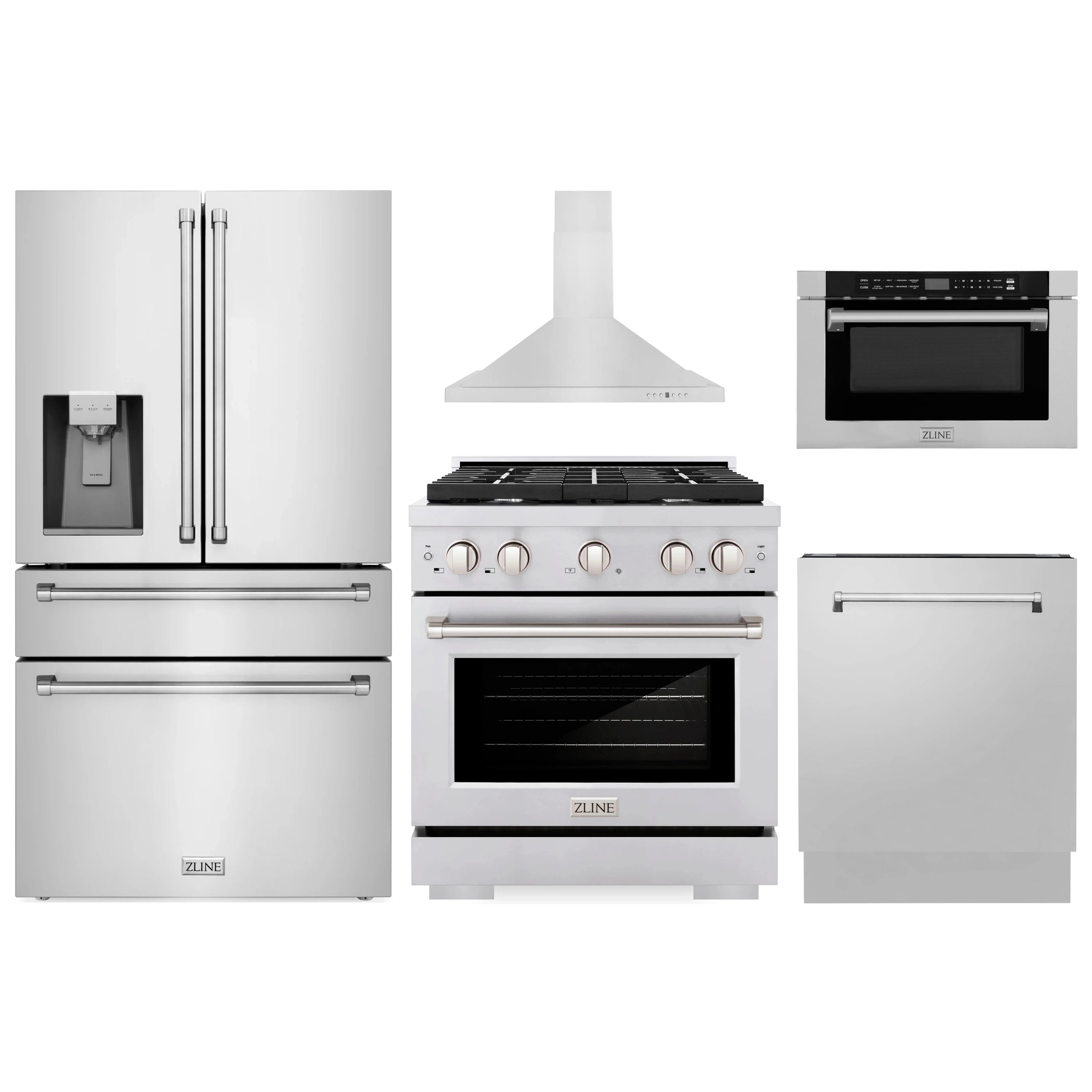 Stainless steel 5-piece appliance package with refrigerator, range, hood, microwave, dishwasher