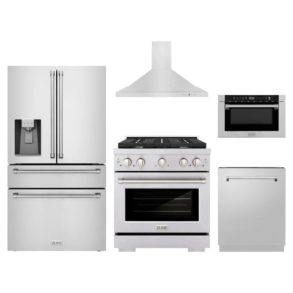 ZLINE 5-Piece Appliance Package - 30-Inch Paramount Dual Fuel Range, Wall Mount Range Hood, 36-Inch French Door Refrigerator with Water Dispenser, Dishwasher, and 24-Inch Microwave Drawer in Stainless Steel