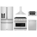 ZLINE 5-Piece Appliance Package - 36-Inch Paramount Dual Fuel Range, Wall Mount Range Hood, 36-Inch French Door Refrigerator with Water Dispenser, Dishwasher, and 30-Inch Microwave Drawer in Stainless Steel