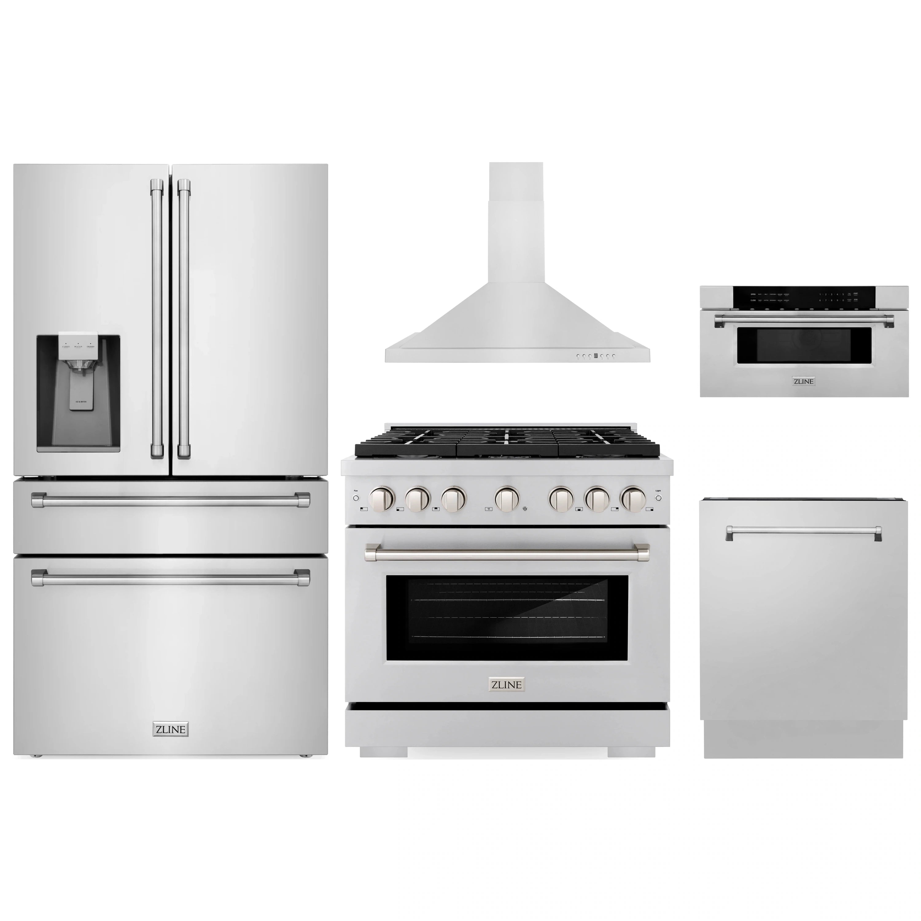 Stainless steel appliance set with refrigerator, range, hood, and dishwasher, grouped view.