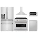 ZLINE 5-Piece Appliance Package - 36-Inch Paramount Dual Fuel Range, Wall Mount Range Hood, 36-Inch French Door Refrigerator with Water Dispenser, Dishwasher, and 30-Inch Microwave Drawer in Stainless Steel