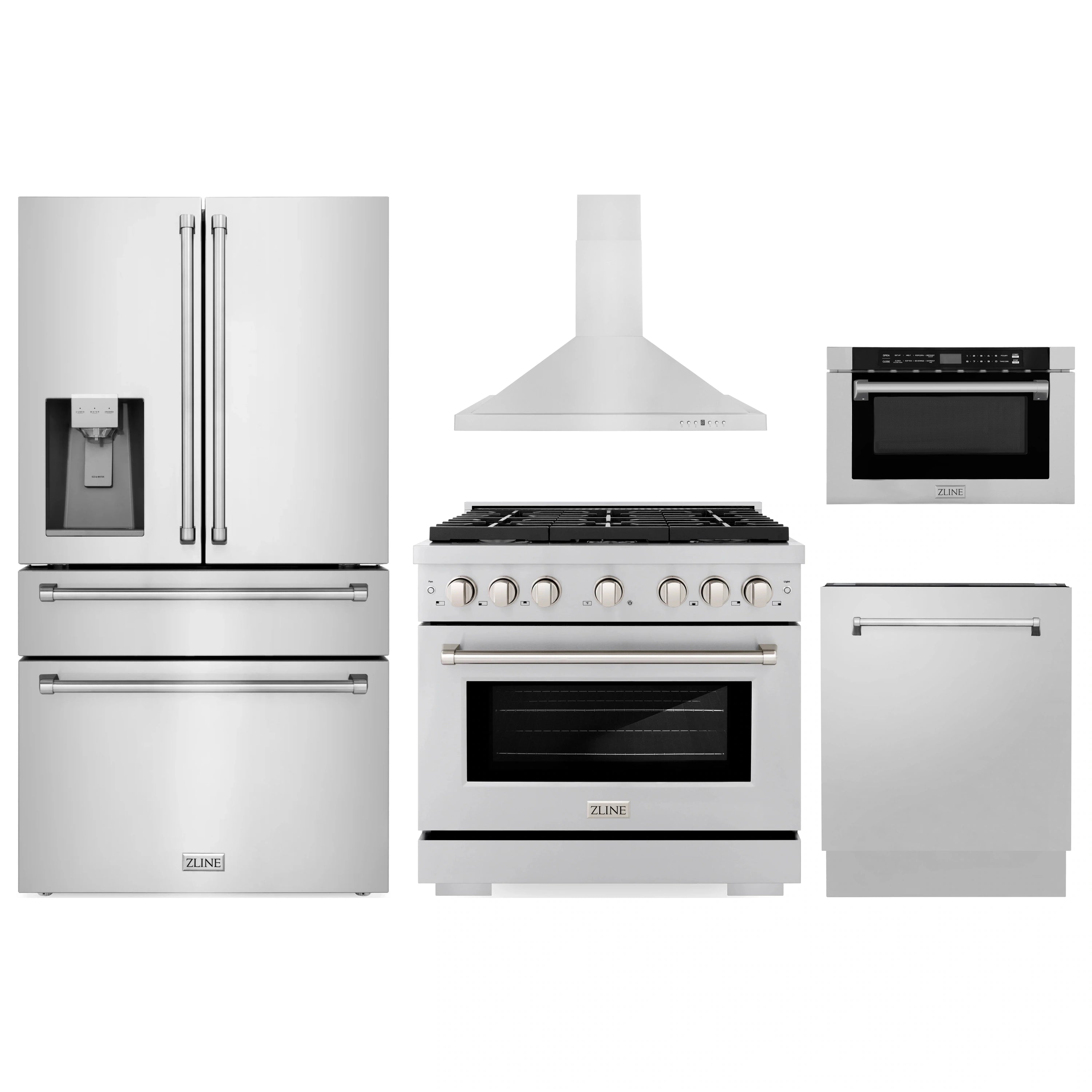 Five stainless steel kitchen appliances set: range, refrigerator, hood, microwave, dishwasher
