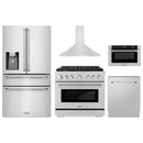 ZLINE 5-Piece Appliance Package - 36-Inch Paramount Dual Fuel Range, Wall Mount Range Hood, 36-Inch French Door Refrigerator with Water Dispenser, Dishwasher, and 30-Inch Microwave Drawer in Stainless Steel