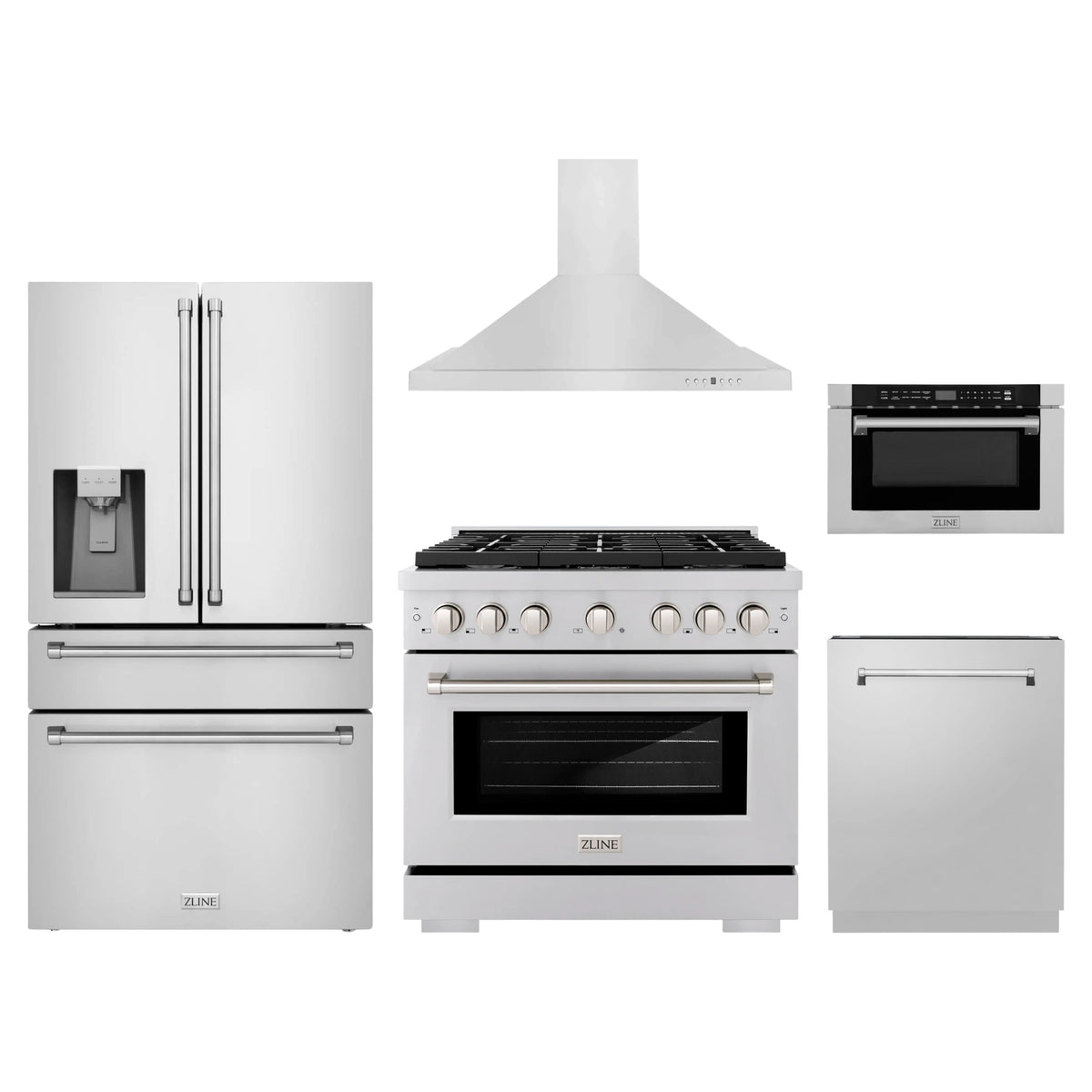 ZLINE 5-Piece Appliance Package - 36-Inch Paramount Dual Fuel Range, Wall Mount Range Hood, 36-Inch French Door Refrigerator with Water Dispenser, Dishwasher, and 24-Inch Microwave Drawer in Stainless Steel