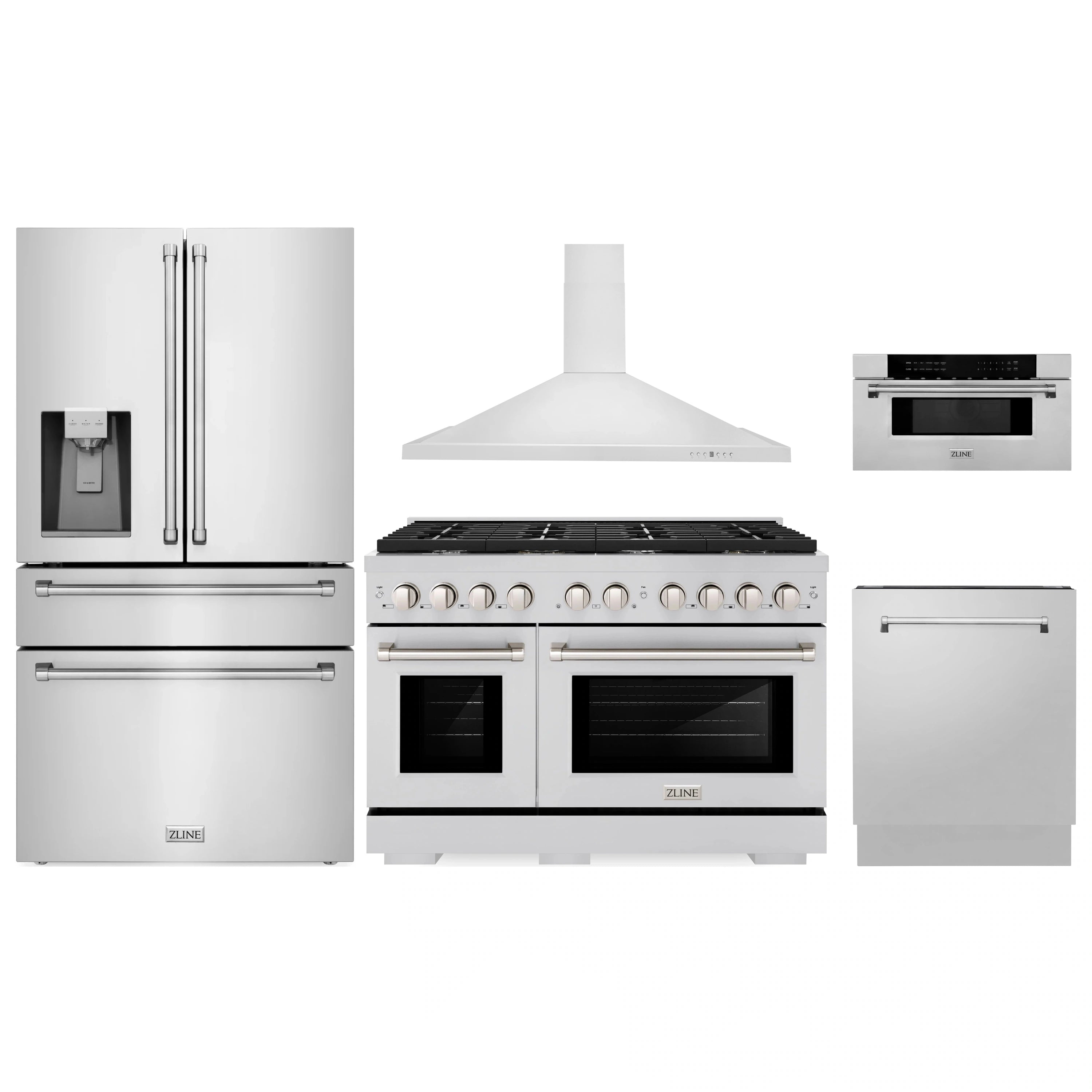 Stainless appliance set: refrigerator, dual-fuel range, dishwasher, microwave drawer