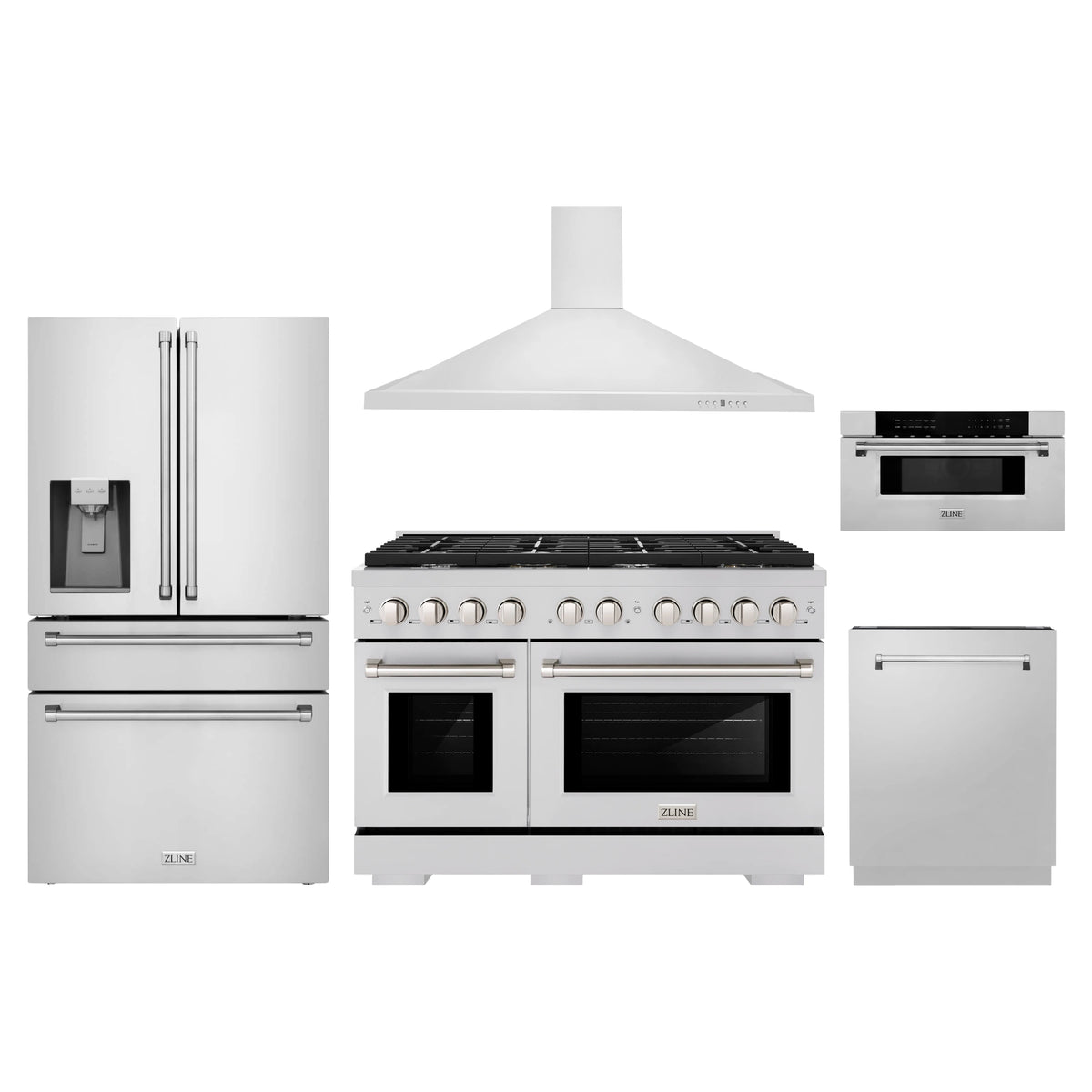 ZLINE 5-Piece Appliance Package - 48-Inch Paramount Dual Fuel Range, Wall Mount Range Hood, 36-Inch French Door Refrigerator with Water Dispenser, Dishwasher, and 30-Inch Microwave Drawer in Stainless Steel