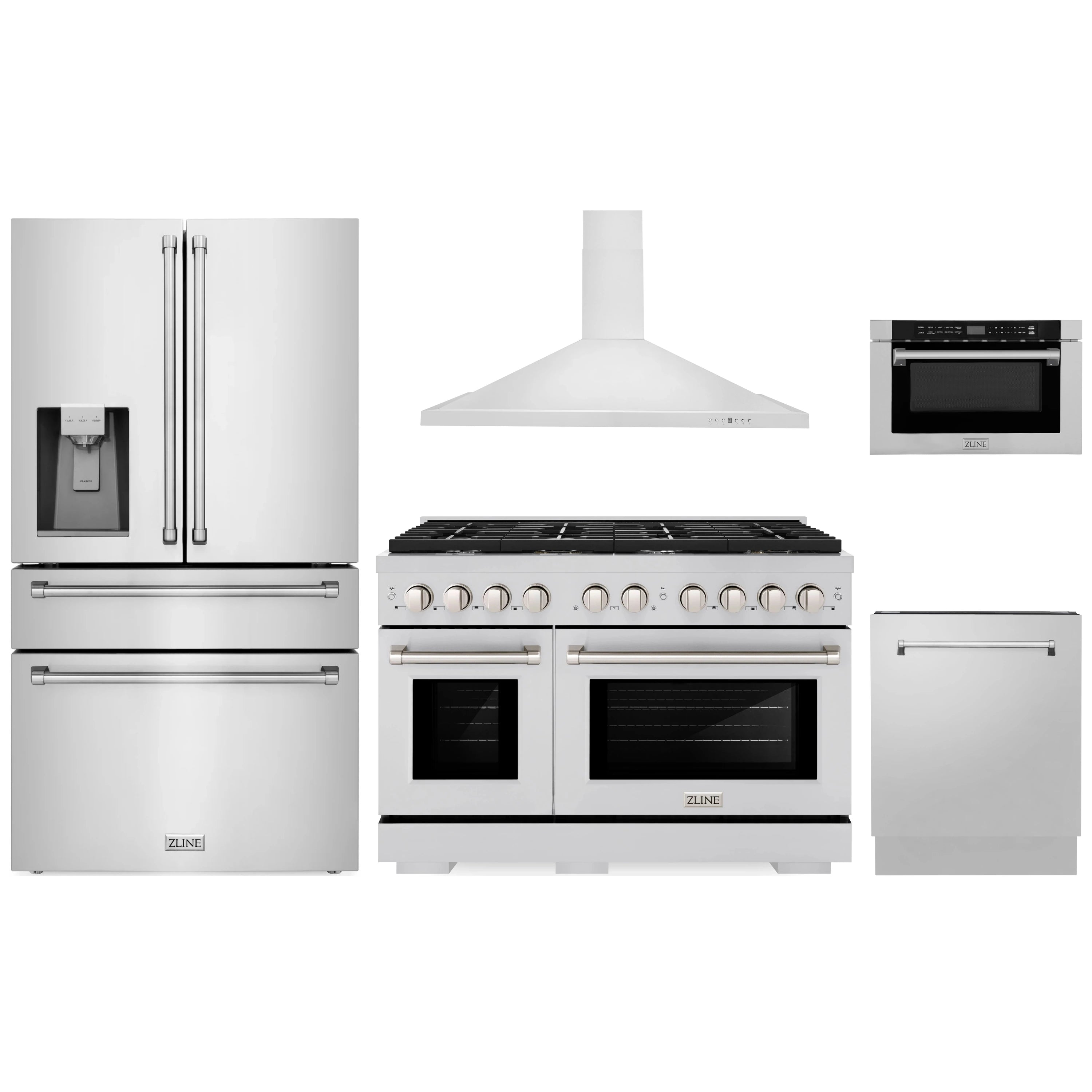 ZLINE 5-piece appliance package in stainless steel: fridge, range, hood, dishwasher