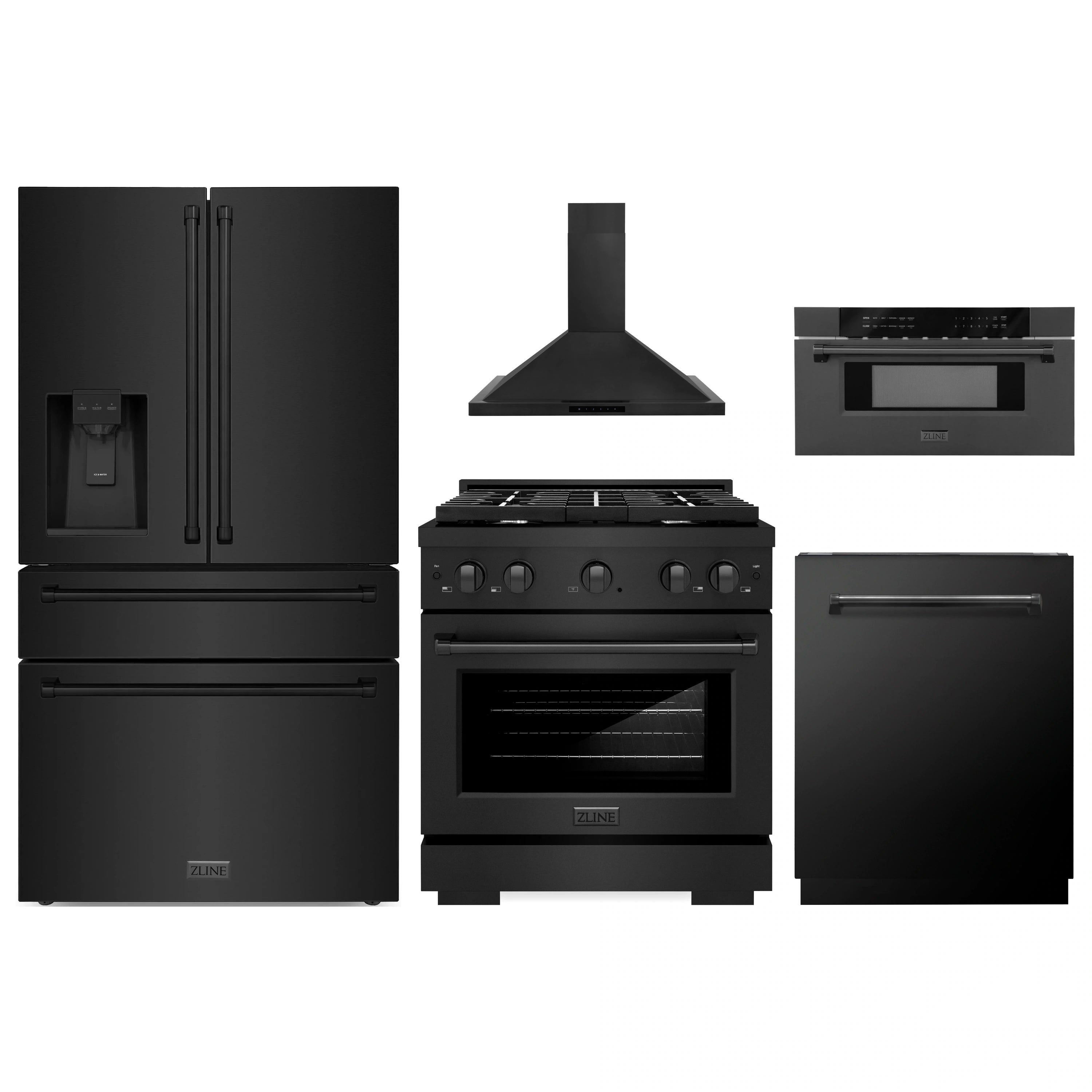5-piece black stainless appliance package: range, hood, refrigerator, dishwasher, microwave drawer