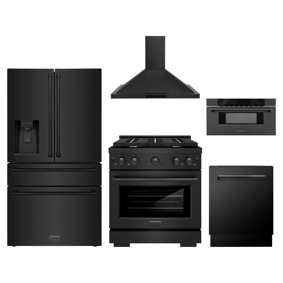 ZLINE 5-Piece Appliance Package - 30-Inch Paramount Dual Fuel Range, Wall Mount Range Hood, 36-Inch French Door Refrigerator with Water Dispenser, Dishwasher, and 30-Inch Microwave Drawer in Black Stainless Steel