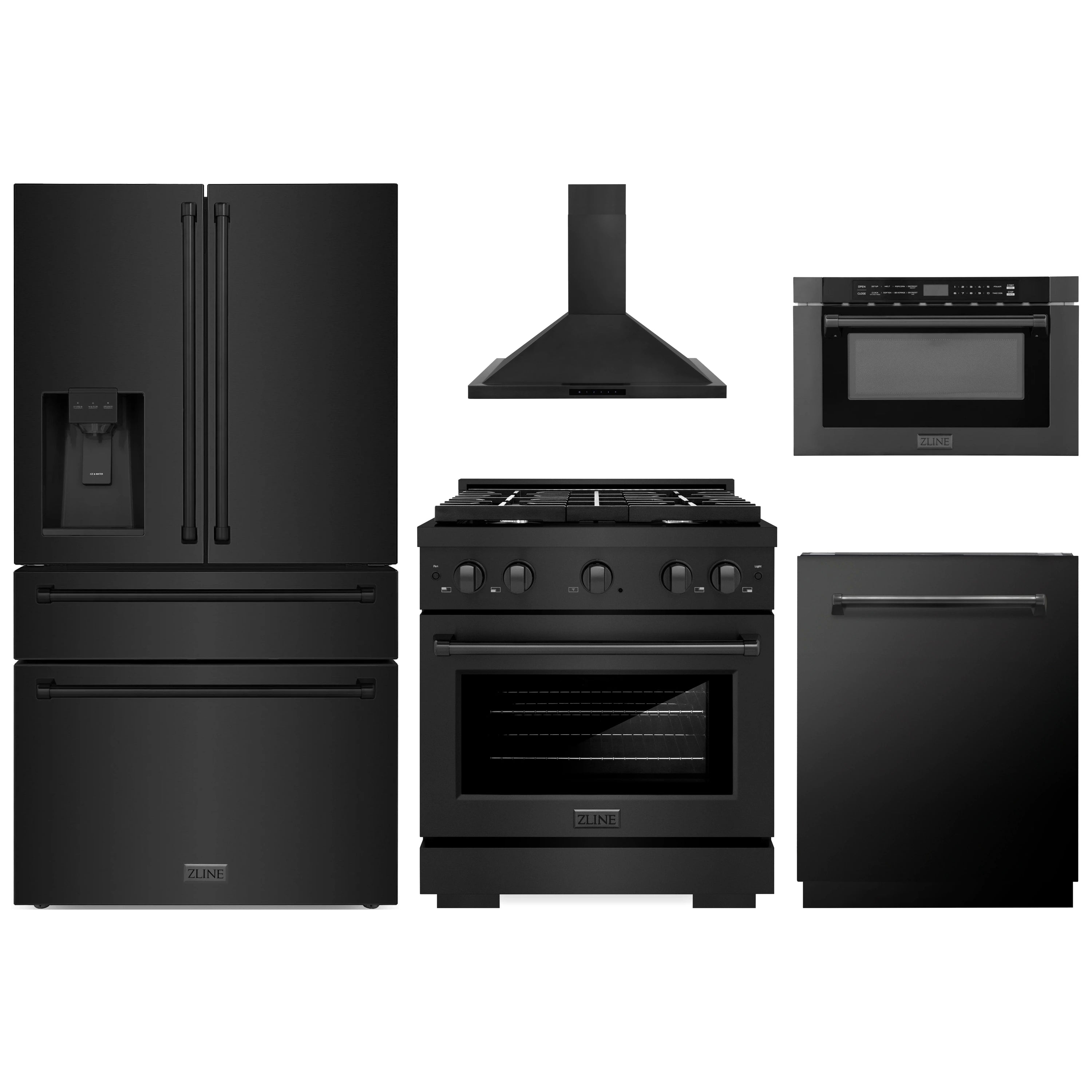 5-piece black stainless kitchen appliance package: fridge, range, hood, dishwasher, microwave