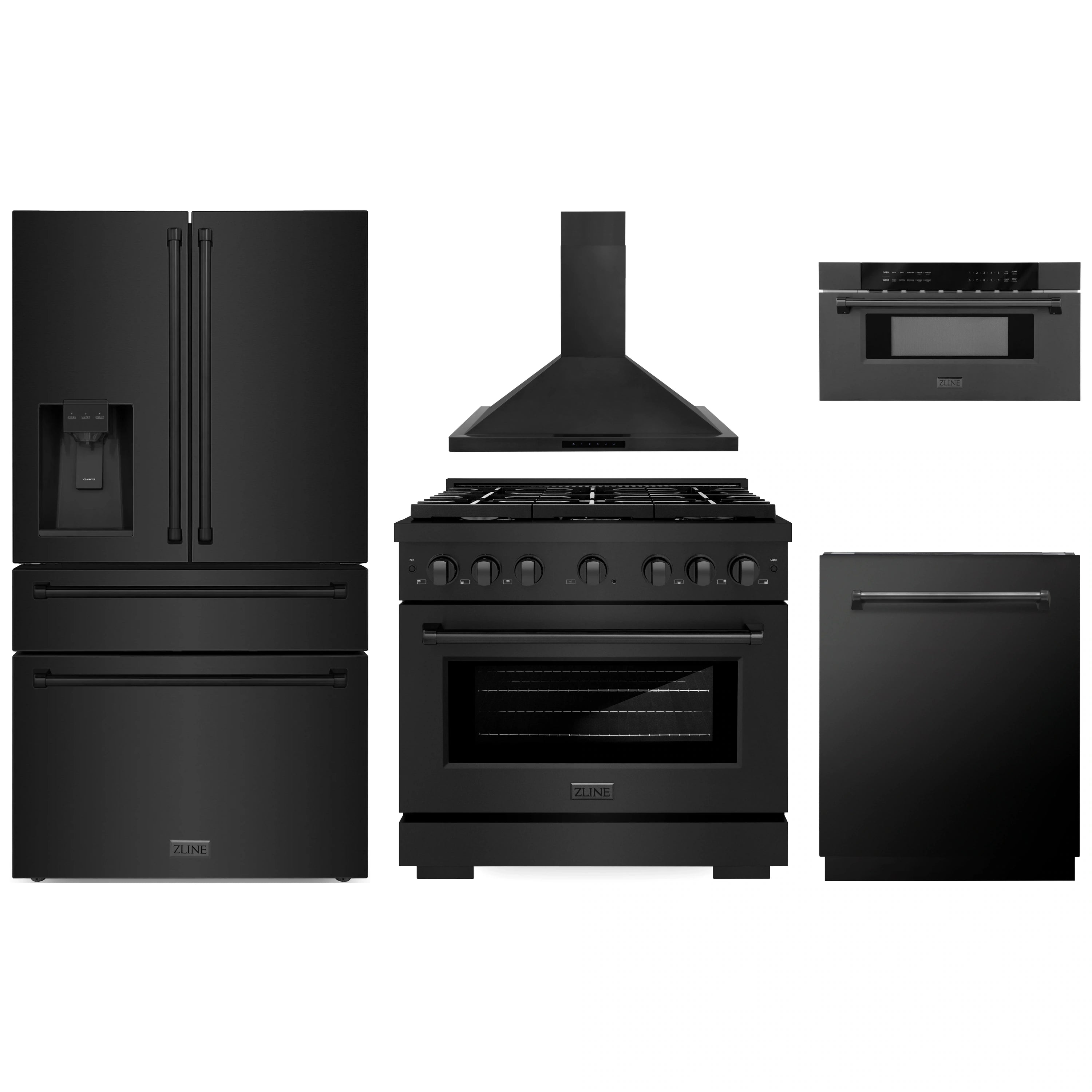 Black stainless steel ZLINE appliance package set: refrigerator, range, hood, and dishwasher