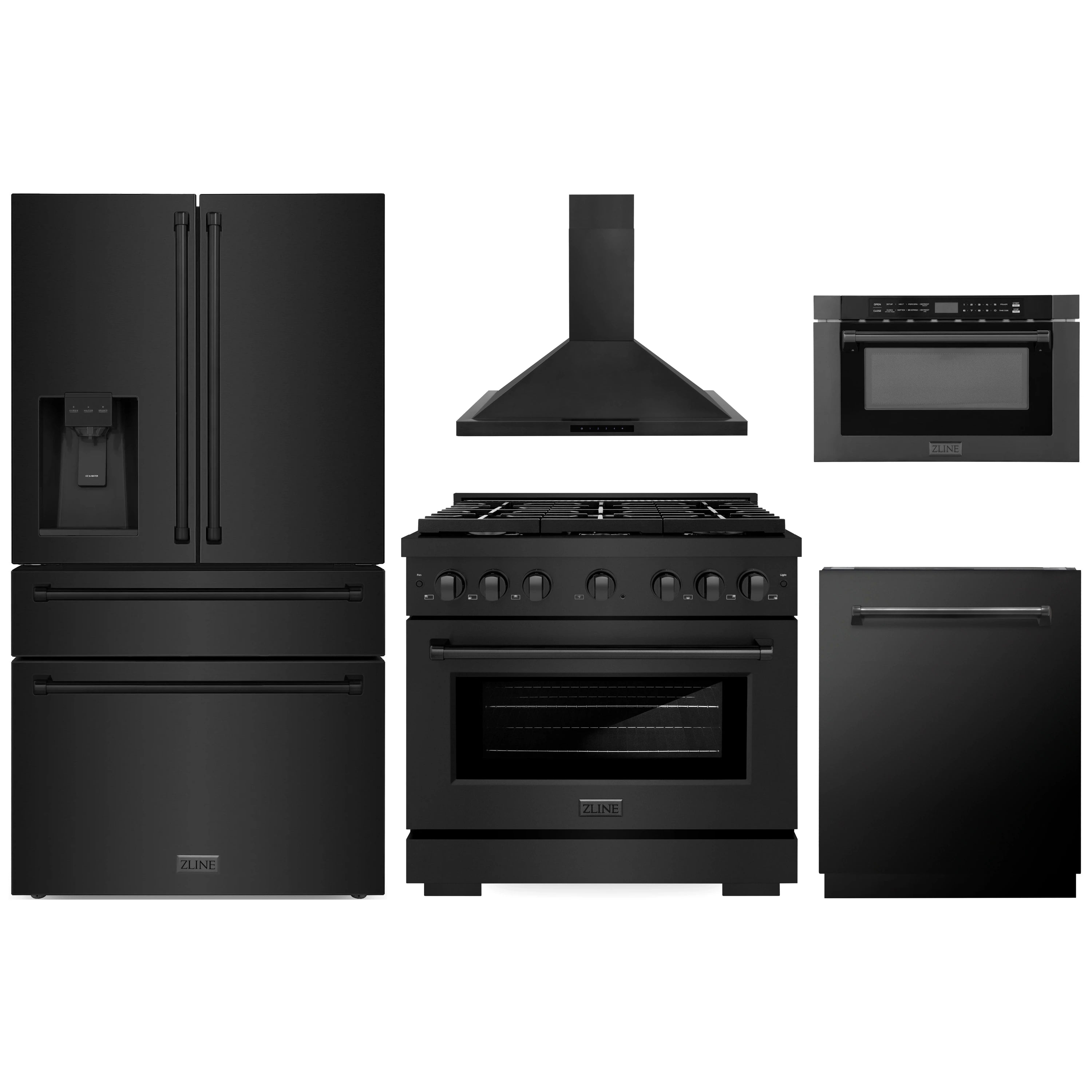 Black appliance set: range, hood, refrigerator, dishwasher, microwave drawer