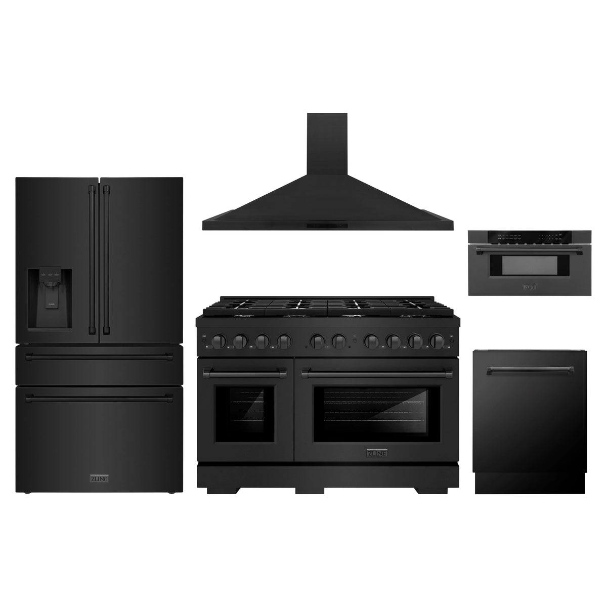 ZLINE 5-Piece Appliance Package - 48-Inch Paramount Dual Fuel Range, Wall Mount Range Hood, 36-Inch French Door Refrigerator with Water Dispenser, Dishwasher, and 30-Inch Microwave Drawer in Black Stainless Steel