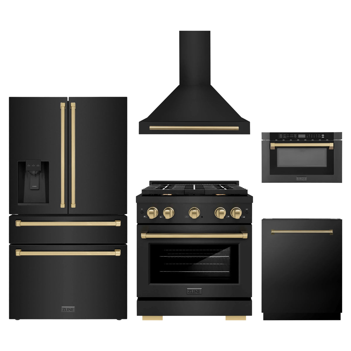 ZLINE 5-Piece Appliance Package - 30-Inch Paramount Dual Fuel Range, Wall Mount Range Hood, 36-Inch French Door Refrigerator with Water Dispenser, Dishwasher, and 24-Inch Microwave Drawer in Black Stainless Steel with Champagne Bronze Accents