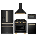 ZLINE 5-Piece Appliance Package - 30-Inch Paramount Dual Fuel Range, Wall Mount Range Hood, 36-Inch French Door Refrigerator with Water Dispenser, Dishwasher, and 24-Inch Microwave Drawer in Black Stainless Steel with Gold Accents