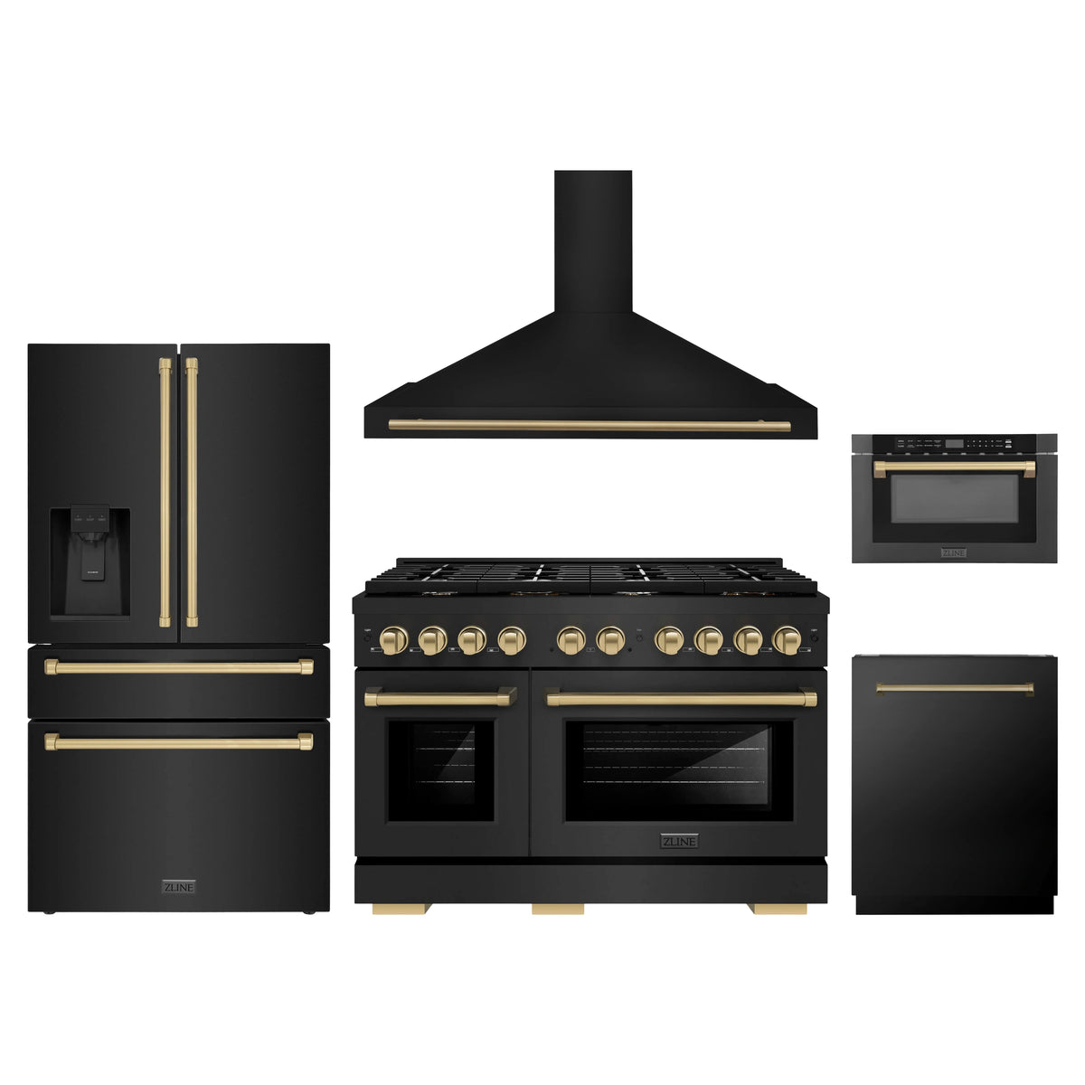 ZLINE 5-Piece Appliance Package - 48-Inch Paramount Dual Fuel Range, Wall Mount Range Hood, 36-Inch French Door Refrigerator with Water Dispenser, Dishwasher, and 24-Inch Microwave Drawer in Black Stainless Steel with Champagne Bronze Accents