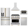 ZLINE 5-Piece Appliance Package - 30-Inch Paramount Dual Fuel Range, Wall Mount Range Hood, 36-Inch French Door Refrigerator with Water Dispenser, Dishwasher, and 30-Inch Microwave Drawer in Stainless Steel with Gold Accents