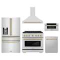 ZLINE 5-Piece Appliance Package - 36-Inch Paramount Dual Fuel Range, Wall Mount Range Hood, 36-Inch French Door Refrigerator with Water Dispenser, Dishwasher, and 30-Inch Microwave Drawer in Stainless Steel with Champagne Bronze Accents