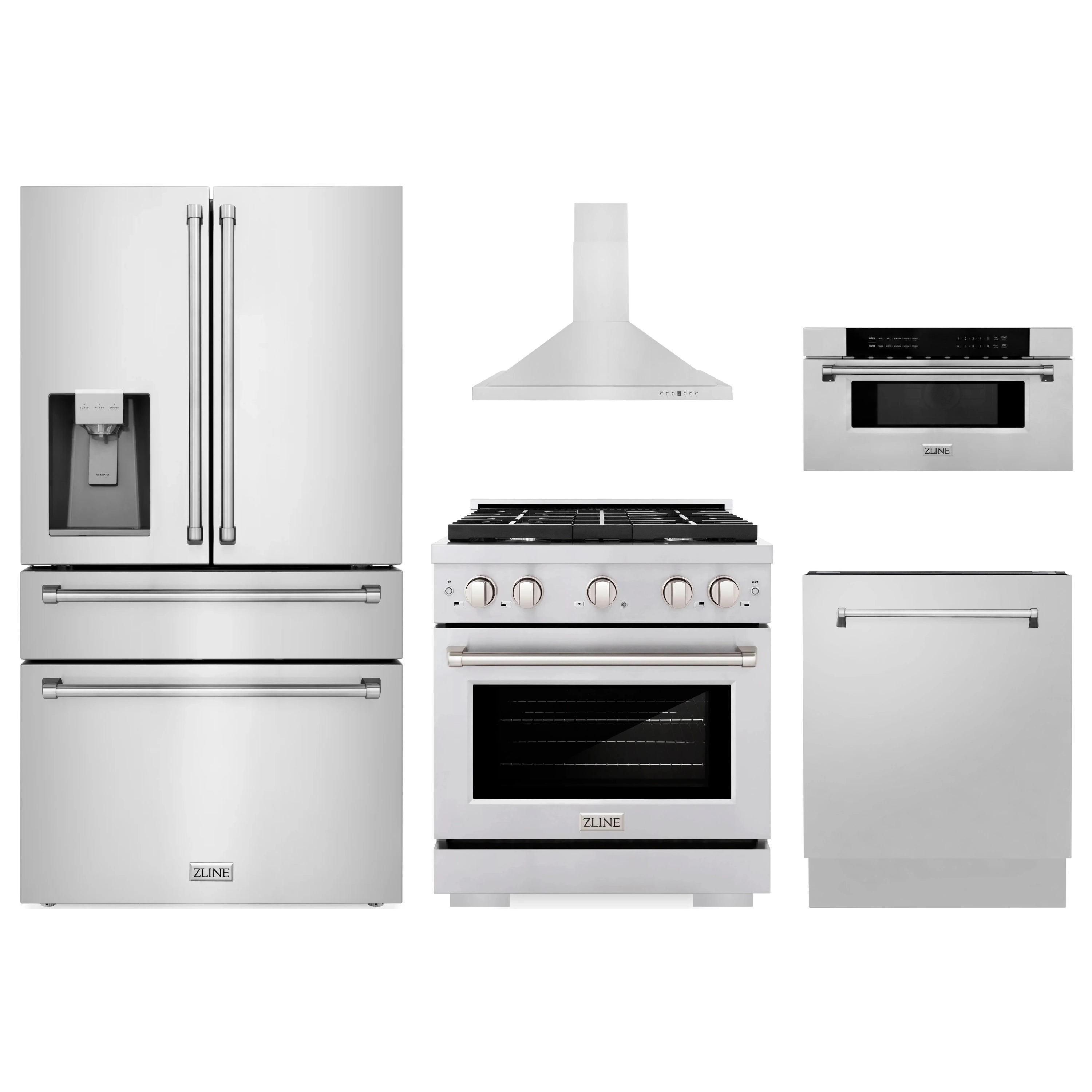Stainless steel appliance package set with refrigerator, range, dishwasher, and microwave