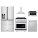 ZLINE 5-Piece Appliance Package - 30-Inch Paramount Gas Range, Wall Mount Range Hood, 36-Inch French Door Refrigerator with Water Dispenser, Dishwasher, and 30-Inch Microwave Drawer in Stainless Steel