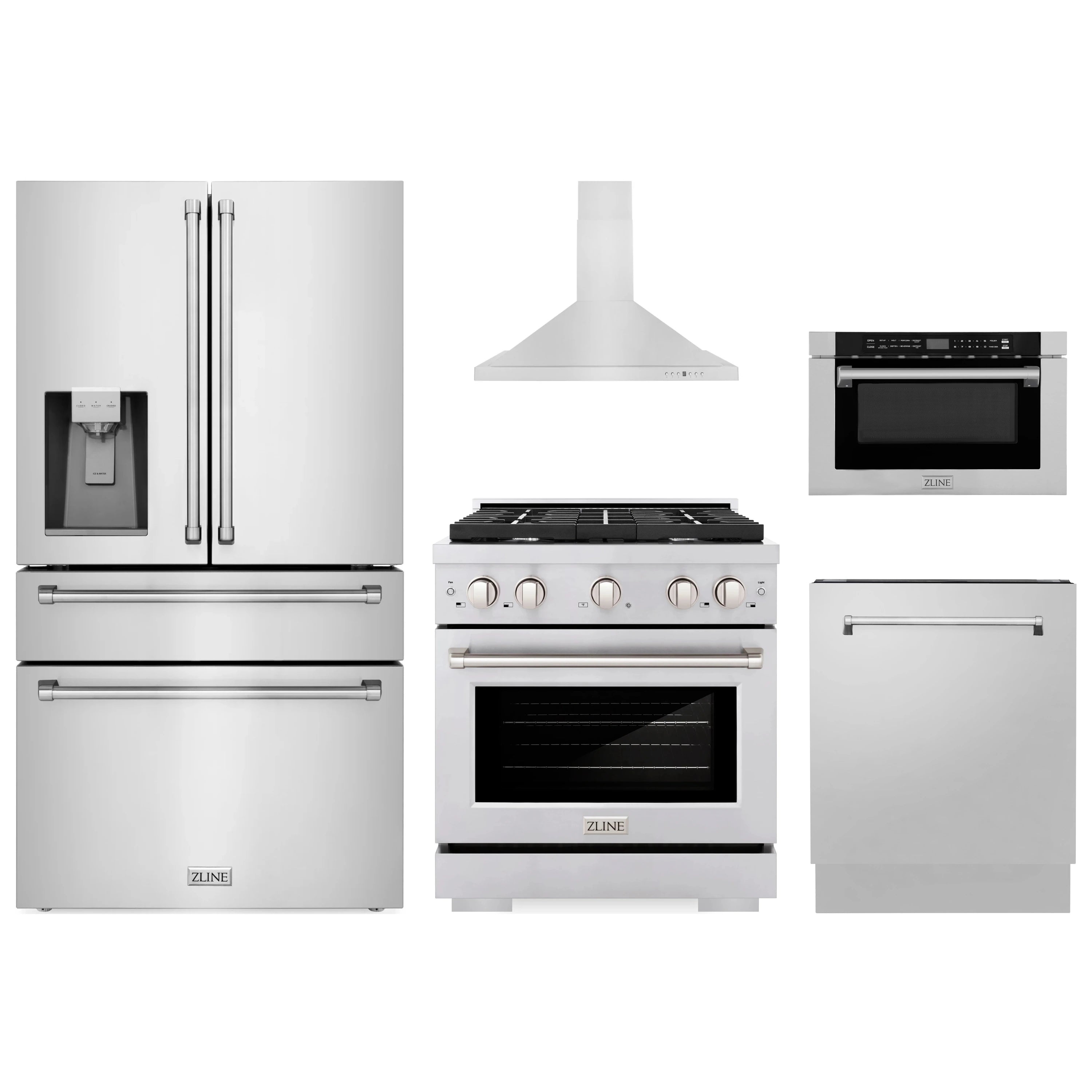 Stainless steel appliance package with refrigerator, gas range, hood, microwave, dishwasher