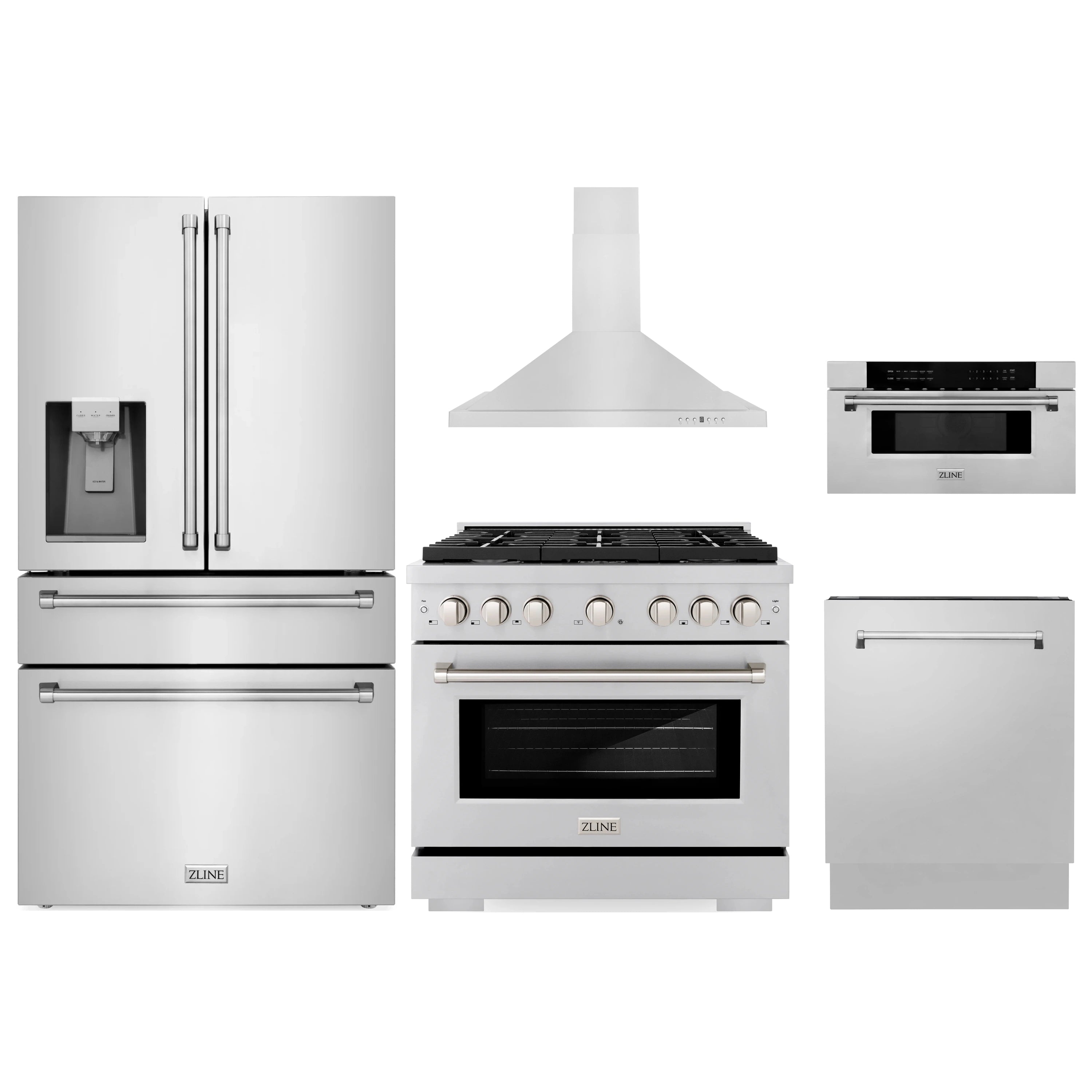 Stainless steel 5-piece appliance package with refrigerator, range, hood, dishwasher, microwave
