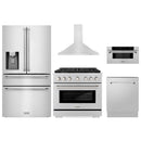ZLINE 5-Piece Appliance Package - 36-Inch Paramount Gas Range, Wall Mount Range Hood, 36-Inch French Door Refrigerator with Water Dispenser, Dishwasher, and 30-Inch Microwave Drawer in Stainless Steel