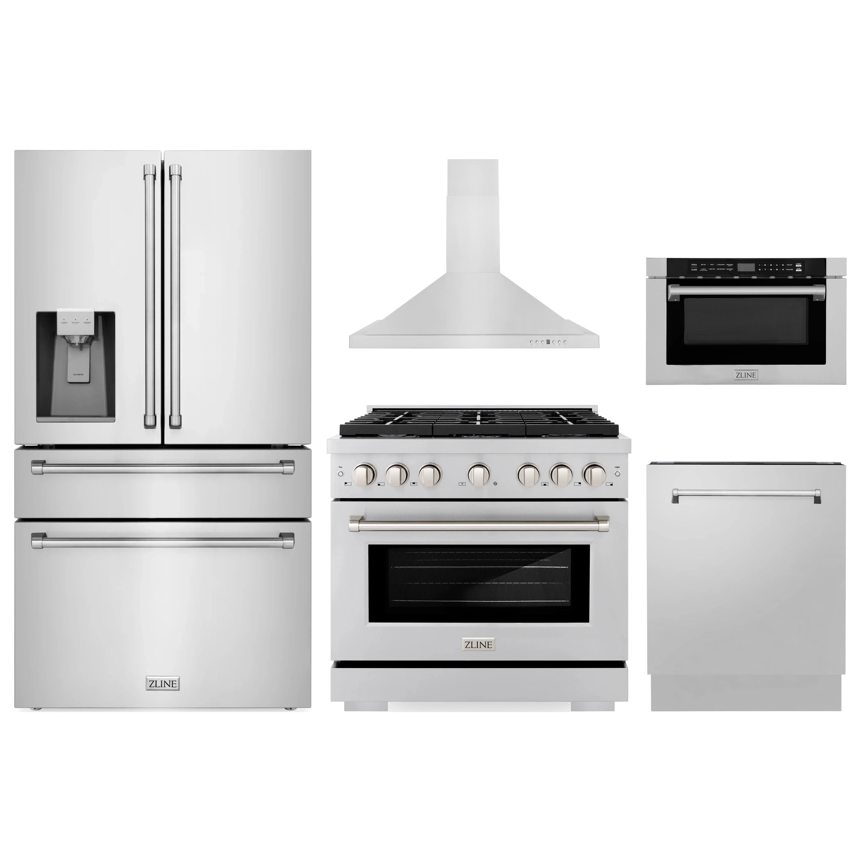 Five-piece stainless steel kitchen appliance set: range, fridge, hood, dishwasher, microwave