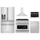 ZLINE 5-Piece Appliance Package - 36-Inch Paramount Gas Range, Wall Mount Range Hood, 36-Inch French Door Refrigerator with Water Dispenser, Dishwasher, and 30-Inch Microwave Drawer in Stainless Steel