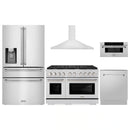 ZLINE 5-Piece Appliance Package - 48-Inch Paramount Gas Range, Wall Mount Range Hood, 36-Inch French Door Refrigerator with Water Dispenser, Dishwasher, and 30-Inch Microwave Drawer in Stainless Steel
