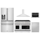ZLINE 5-Piece Appliance Package - 48-Inch Paramount Gas Range, Wall Mount Range Hood, 36-Inch French Door Refrigerator with Water Dispenser, Dishwasher, and 30-Inch Microwave Drawer in Stainless Steel