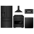 ZLINE 5-Piece Appliance Package - 30-Inch Paramount Gas Range, Wall Mount Range Hood, 36-Inch French Door Refrigerator with Water Dispenser, Dishwasher, and 30-Inch Microwave Drawer in Black Stainless Steel
